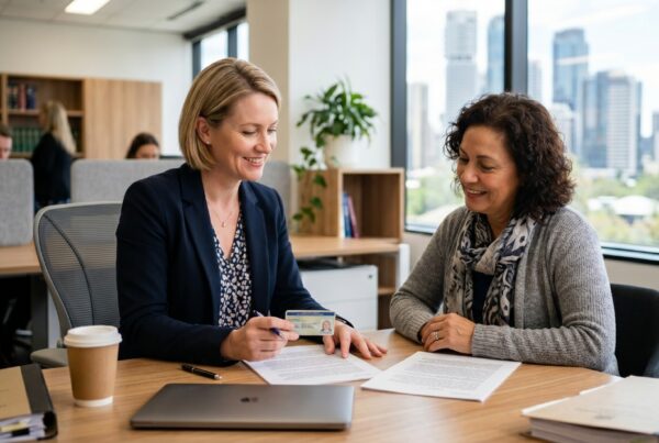 Solicitor reviewing a client's ID documents and paperwork across a desk in a modern Australian law office, explaining AML/CTF Act requirements.