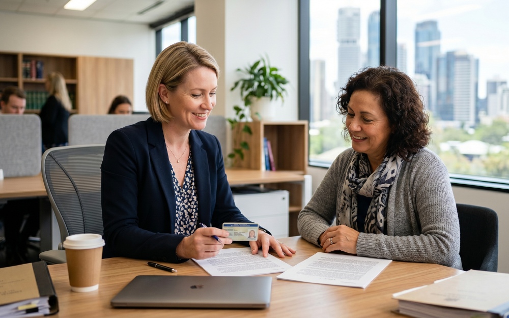 Solicitor reviewing a client's ID documents and paperwork across a desk in a modern Australian law office, explaining AML/CTF Act requirements.